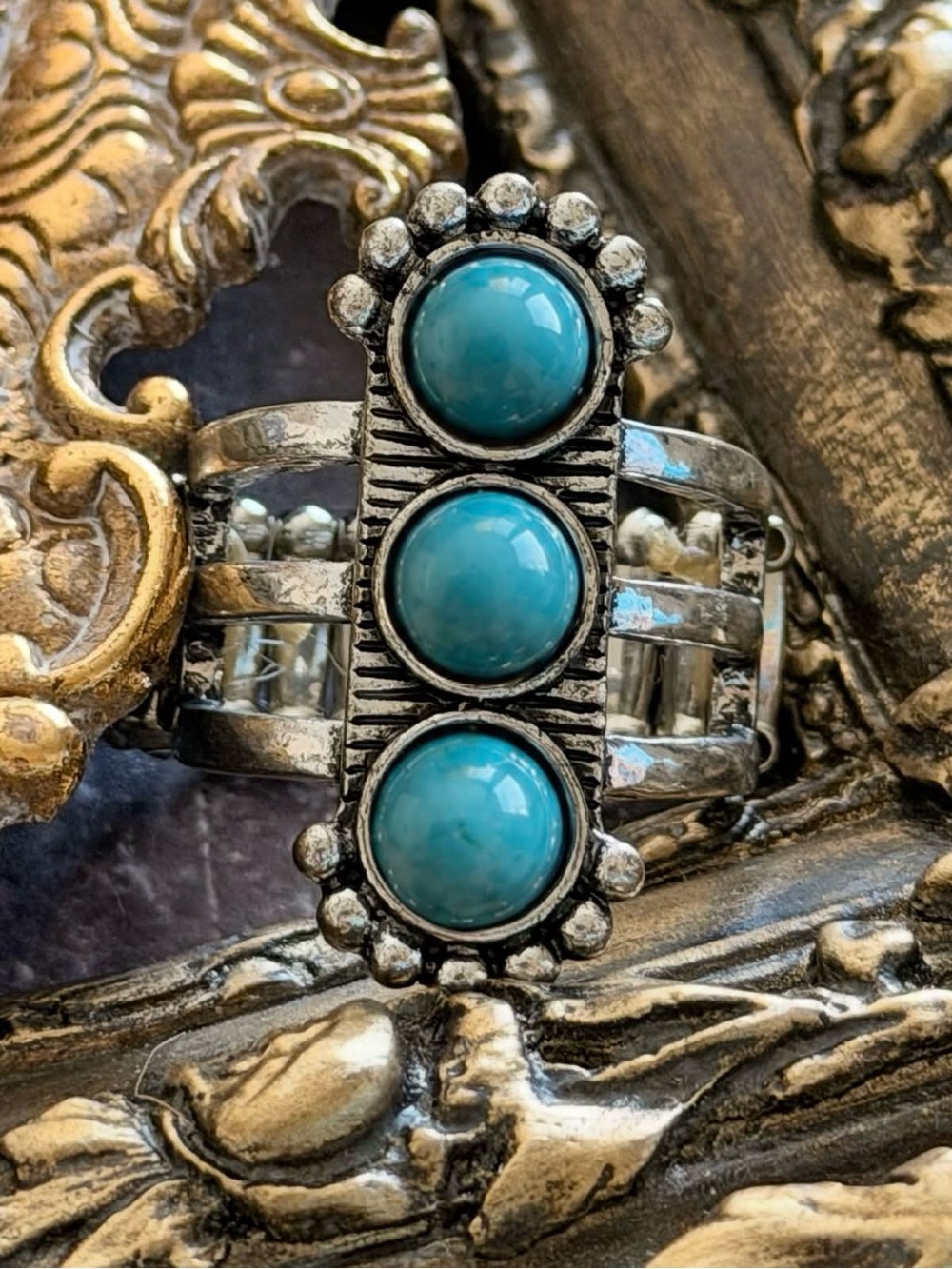 ANTHROPOLOGIE • Silver Triple Turquoise Cabochon Statement Festival Boho Ring - Picture 8 of 8